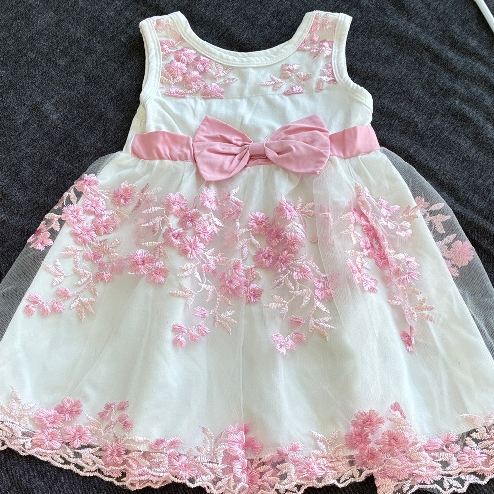 SHEIN White Dress with Pink Floral Embroidery & Bow